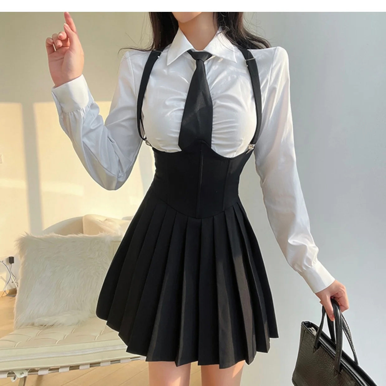 Фото Seragam LAN wanita, ukuran 4XL seksi JK ёмкостная Регулировка Amerika pedas gaya kuliah gadis Set kemeja putih + rok №2