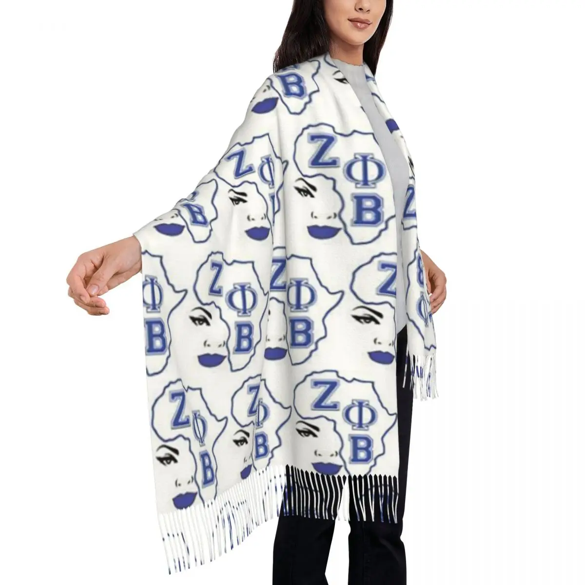 Фото Большой шарф с логотипом Sorority Zeta Phi Beta, греческая буква 1920, шарф с кисточками для женщин, шали и накидки, большая осенне-зимняя шаль №3
