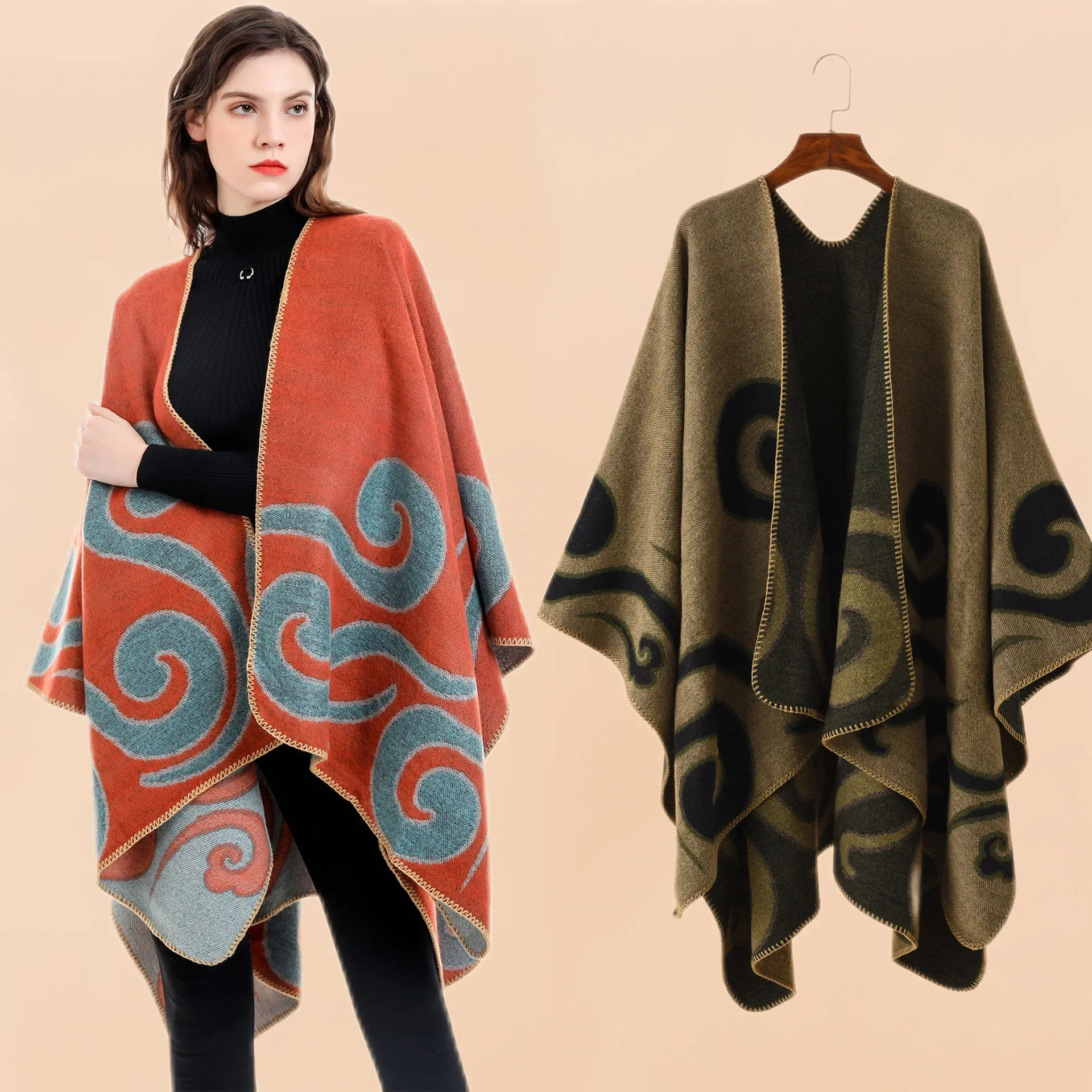 Fitshinling Auspicious Cloud Pattern Зимние шали и накидки в богемном стиле с бахромой Большие женские зимние пончо и накидки
