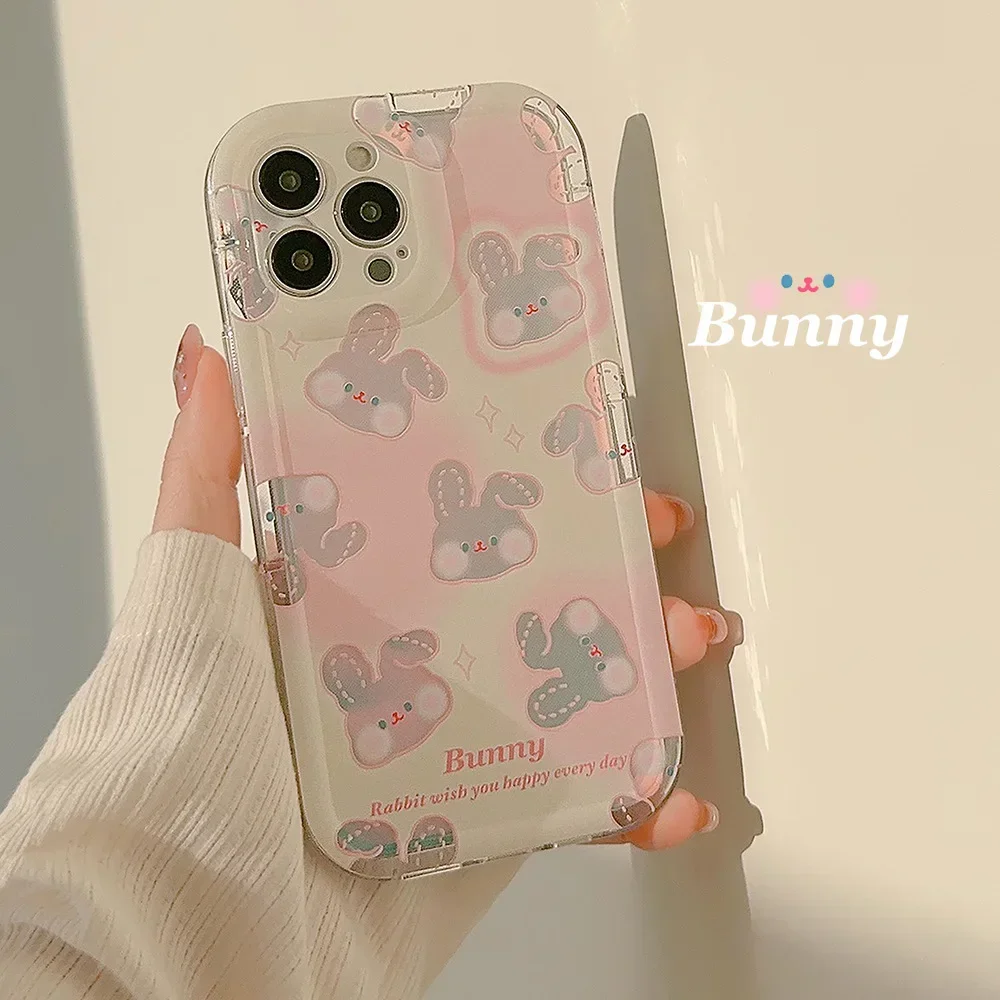 Фото Прозрачный чехол для телефона Kawaii с розовым лазером, мультяшным кроликом и кроликом для iPhone 16, 15, 14, 13, 12, 11 Pro Max 14 Plus, милый чехол №2