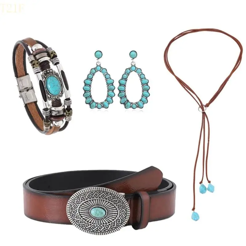 T21F Vintage Women Turquoise Set Set Ethnic Charm Long Chain Sweater Ожерелье для повседневной одежды