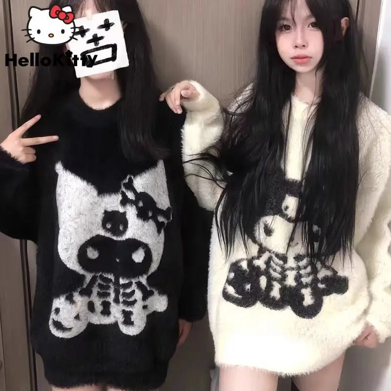 Женский мягкий плюшевый свитер Sanrio Kuromi, модные милые пуловеры Y2k в Корейском стиле, универсальный трикотажный топ для осени и зимы
