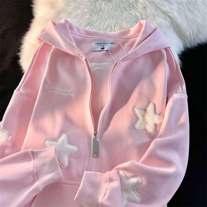 Фото Sweet Street Ster require Borduren Kawaii Hoodies Jassen Vrouwen Herfst Winter Dames Толстовка Жилет Корейскийaanse Mode Zip Hoody №5