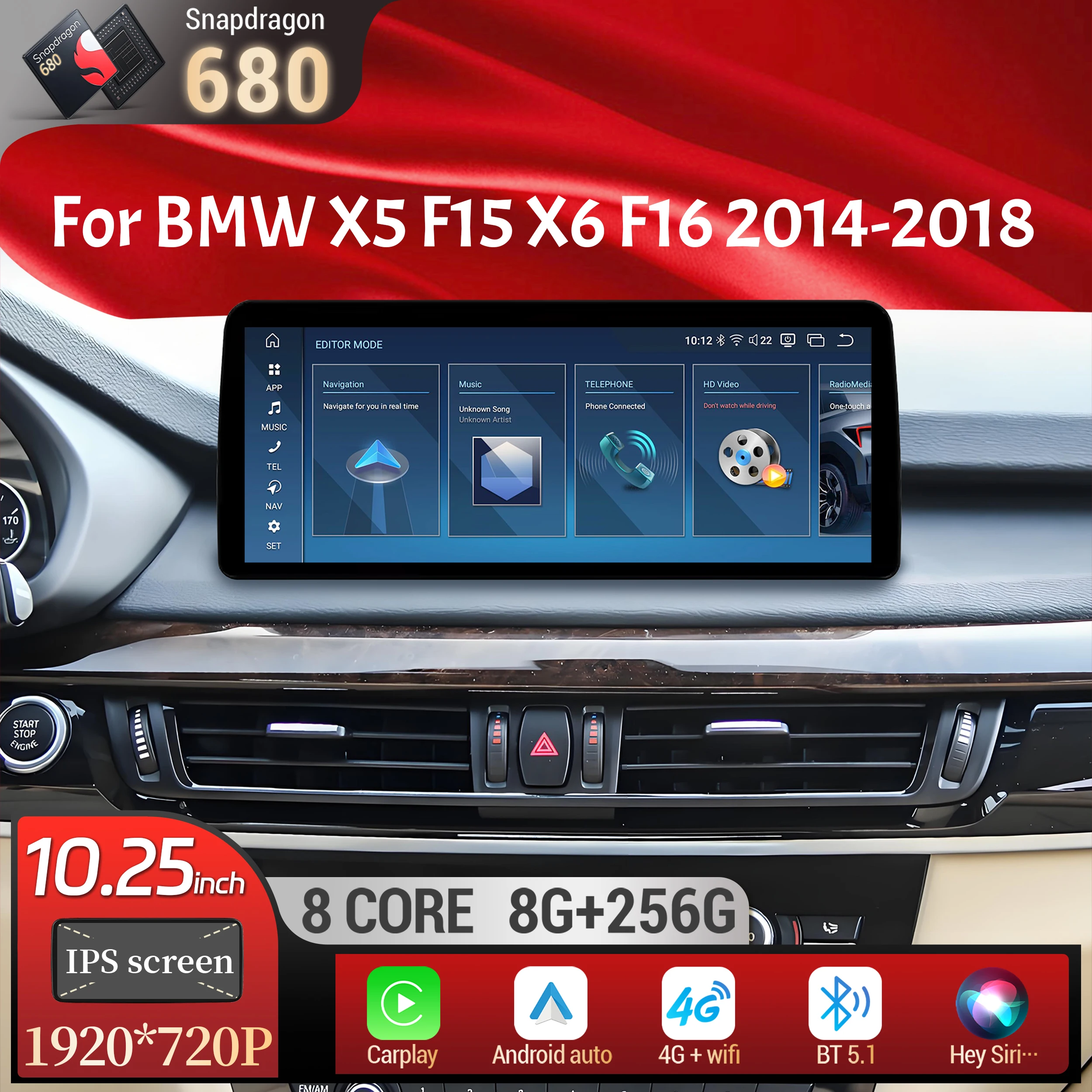 10,25-дюймовый Android 13 для BMW X5 F15 X6 F16 2014-2018 автомобильный радиоприемник беспроводной Bluetooth Carplay головное устройство Snapdragon 680 сенсорный экран
