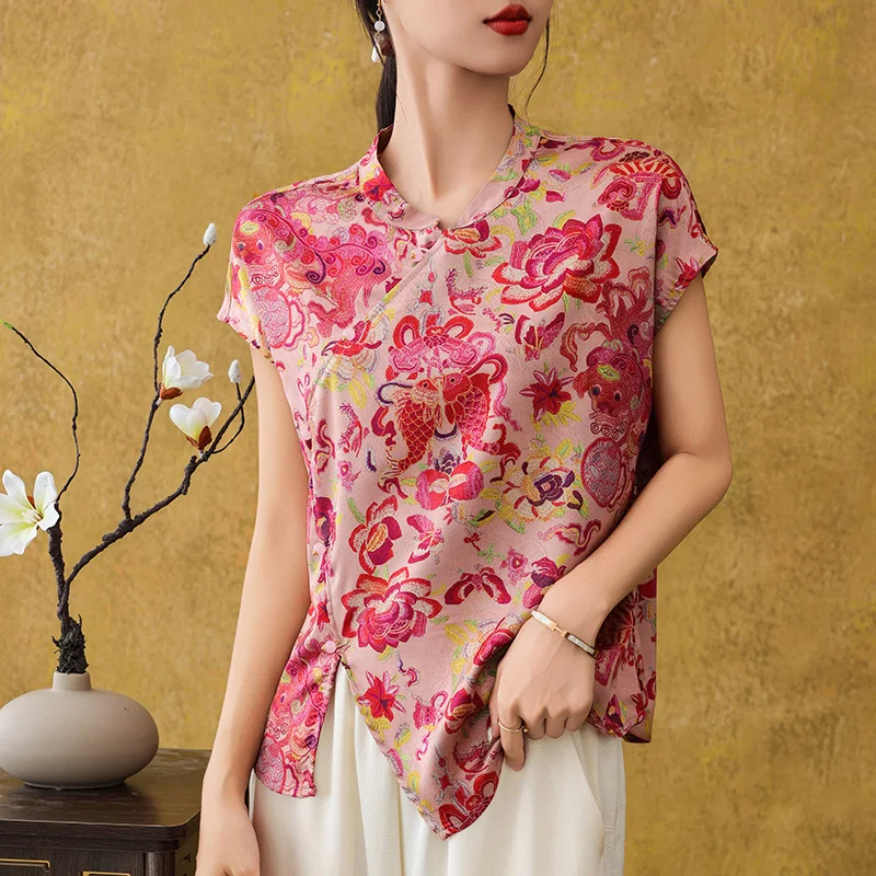 Фото Новая летняя футболка с короткими рукавами и улучшенным воротником Cheongsam в стиле ретро, новая китайская косая короткая рубашка, жилет №2