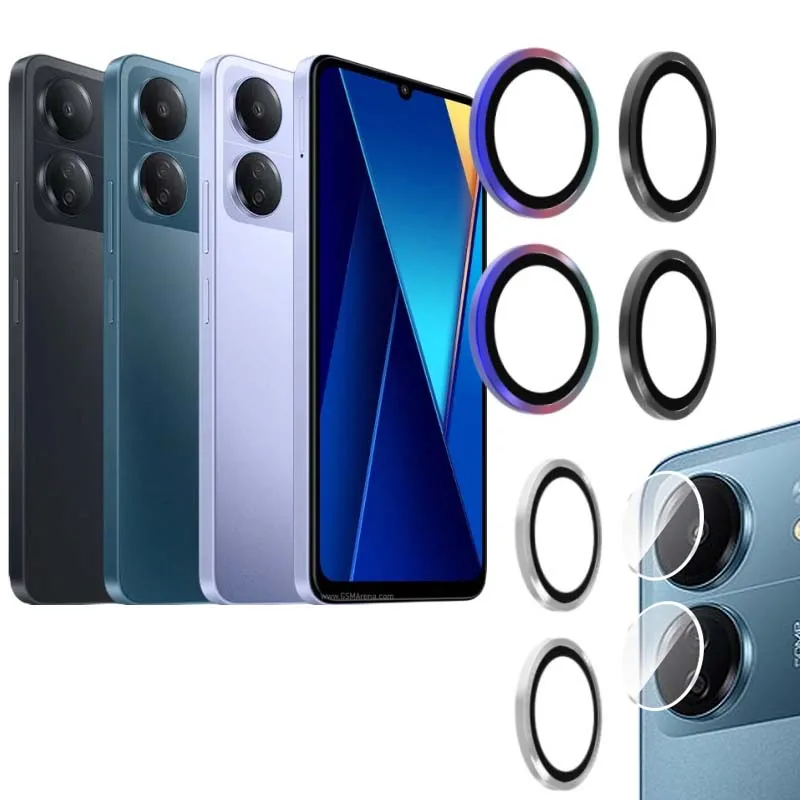 Защитная крышка для объектива Xiaomi Poco C65, крышка из закаленного стекла, задняя крышка камеры, красочное металлическое кольцо, прозрачное стекло, твердая пленка