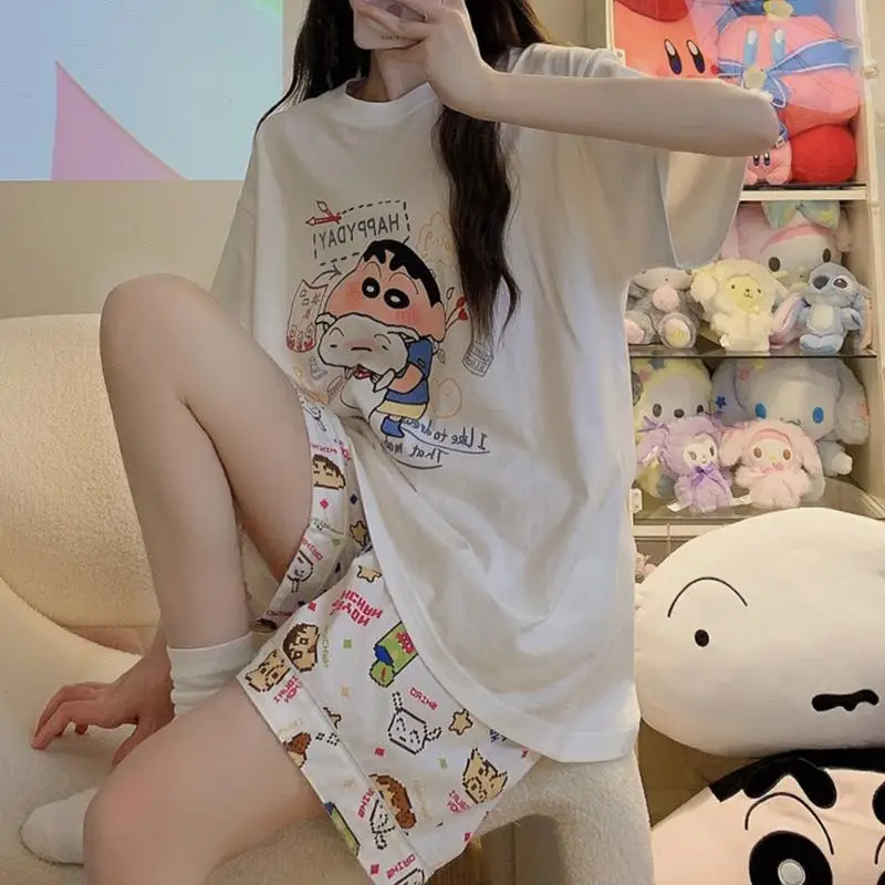 Фото Новинка милые пижамы Kawaii Crayon Shin Chan из трех частей с коротким рукавом слинг для студентов Досуг Мультфильм Аниме модный подарок на день рождения для девочек №4