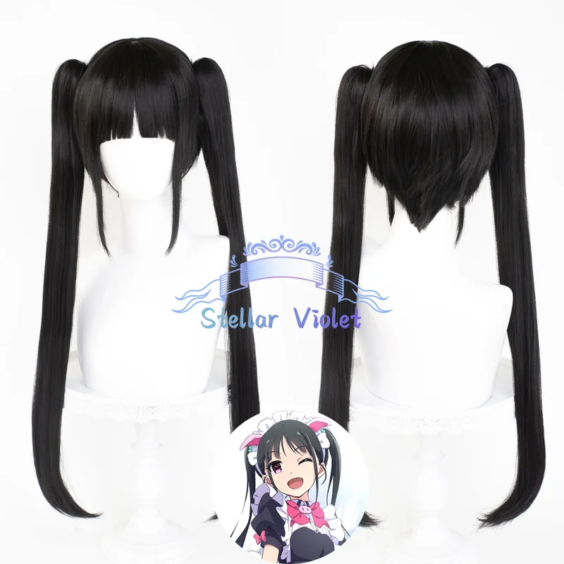 Аниме Akiba Maid War Yumechi Косплей Парик Черный 80 см Двойной хвост Термостойкие синтетические волосы Аниме Парики для вечеринок + Кепка для парика