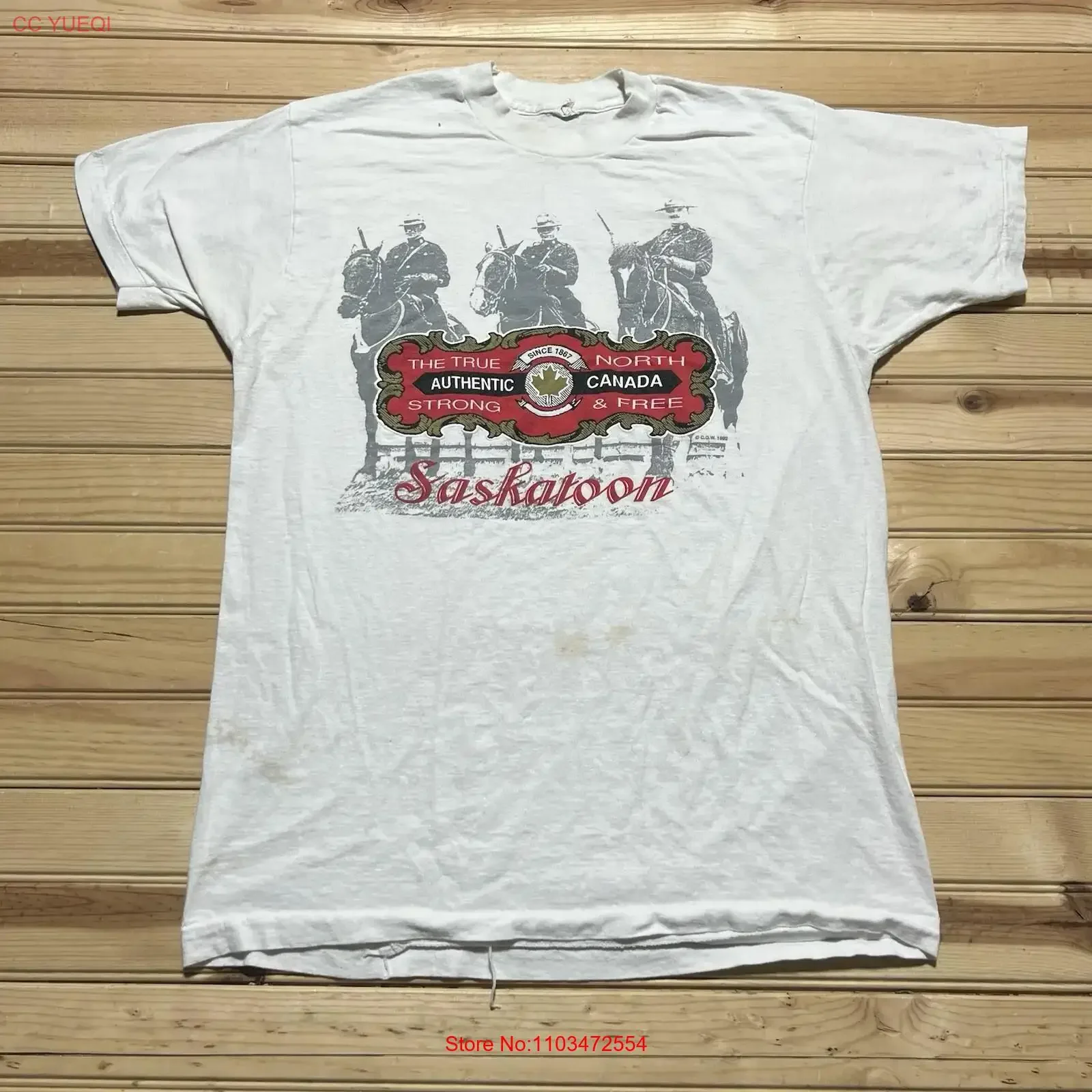 Винтажная футболка 90-х Saskatoon Canada Strong Free True North History Photo, размер XL, винтажная стираная дизайнерская одежда, растянутая