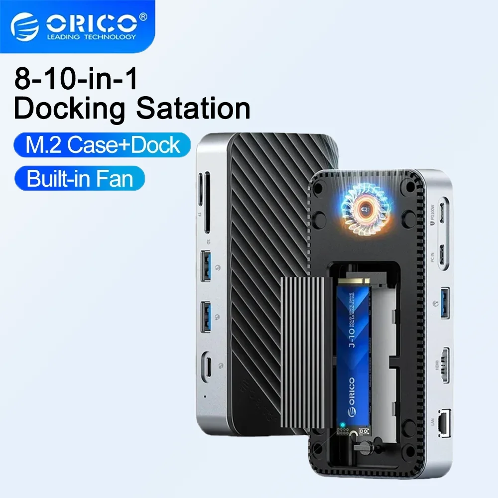 Док-станция ORICO USB C 8-10-IN-1 USB C к M.2 NVMe SATA SSD Внешняя док-станция 10 Гбит/с 4K при 60 Гц HDMI-Com RJ45 SD/TF