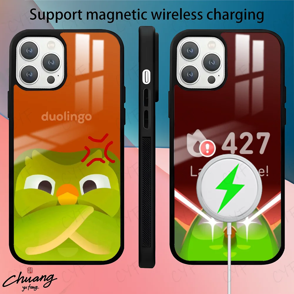 Фото Duolingo Owl Phone Case For 11 12 13 14 15 16Pro Max mini Plus strong magnetic attraction Phone Cover №2