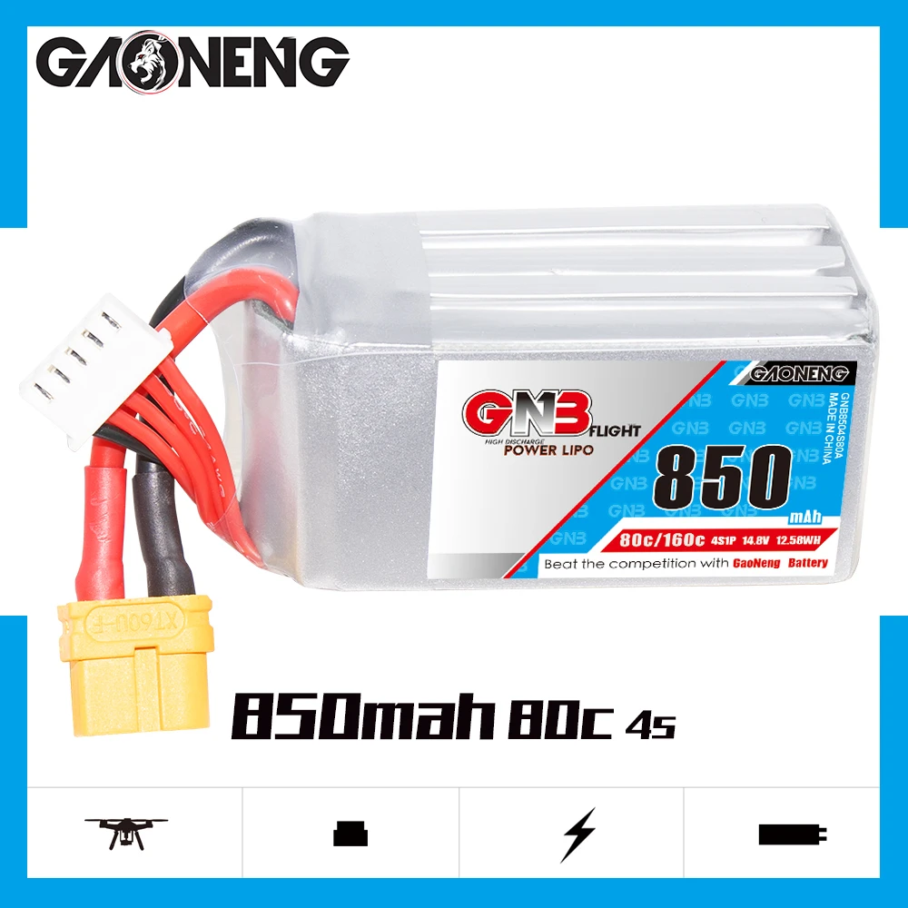 Фото GAONENG GNB 850 мАч 4S 80C 160C 14,8 В XT60 LiPo аккумулятор квадратного типа Cinelog Cinewhoop запасные части для радиоуправления гоночный самолет FPV №2