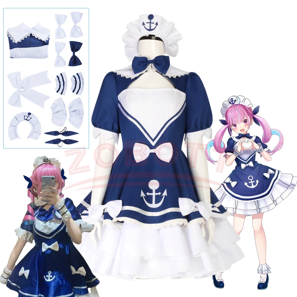 Vtuber Minato Aqua Косплей Костюмы горничной JK Костюм моряка Длинный парик Hololive Aqua Темно-синее платье горничной с повязкой на голову