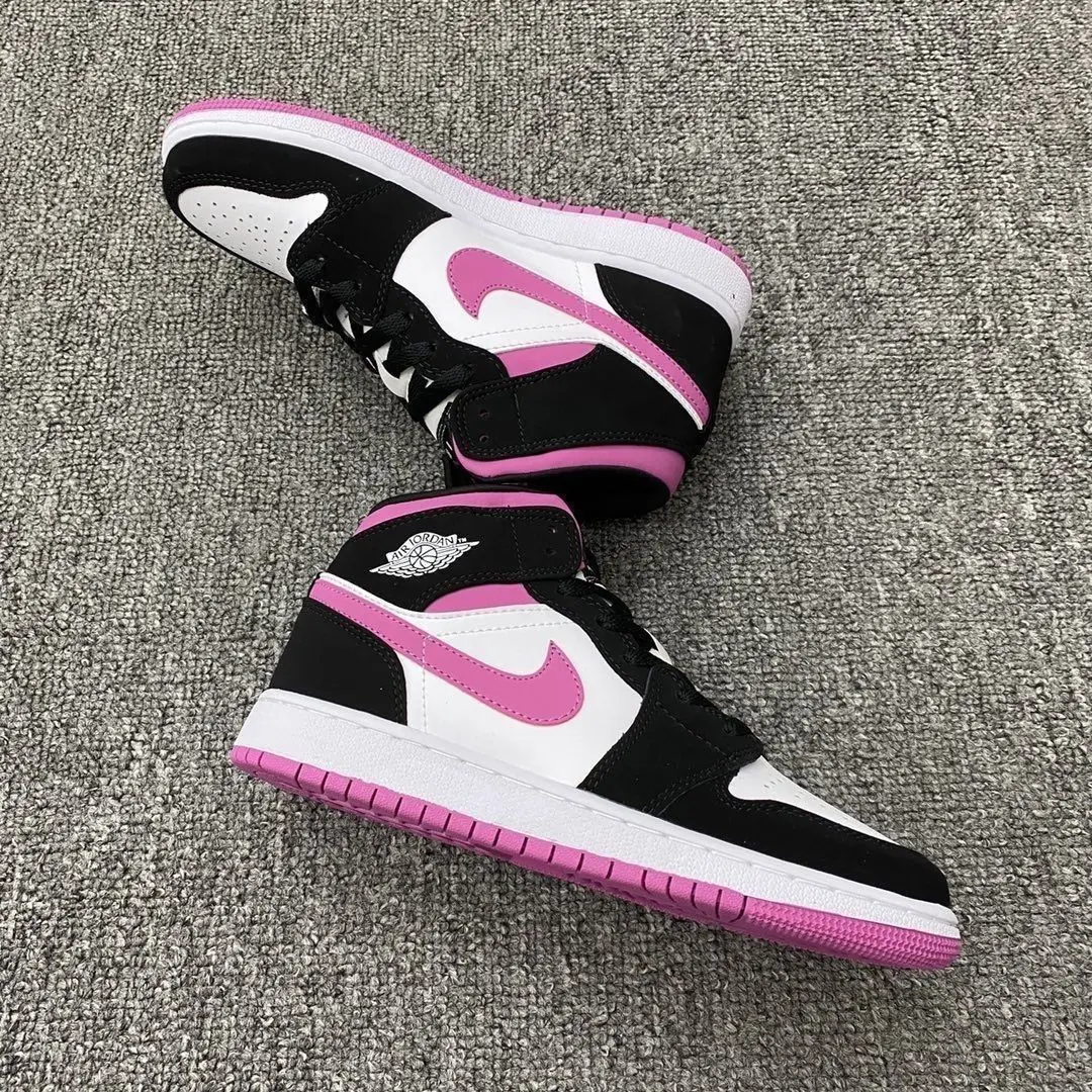 Фото Спортивные удобные кроссовки Jordan Air Jordan 1, черные, белые, фиолетовые, средние кроссовки в стиле ретро №3