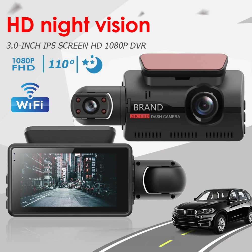 Автомобильный видеорегистратор с двумя объективами, черный ящик, Full HD 1080P, Автомобильный видеорегистратор с Wi-Fi, ночным видением, акселероме...
