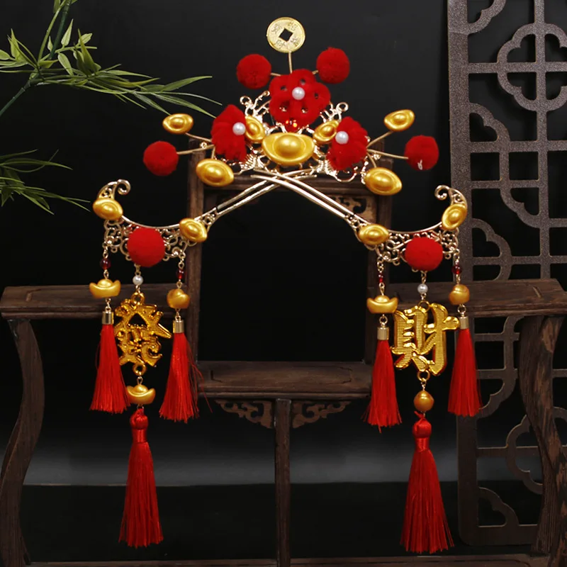 Фото NiuShuya God of Wealth Корона для волос Аксессуары для волос Древний стиль Yuanbao Шпилька для волос Монета Чай Красные бархатные шарики Фестивальный головной убор №4