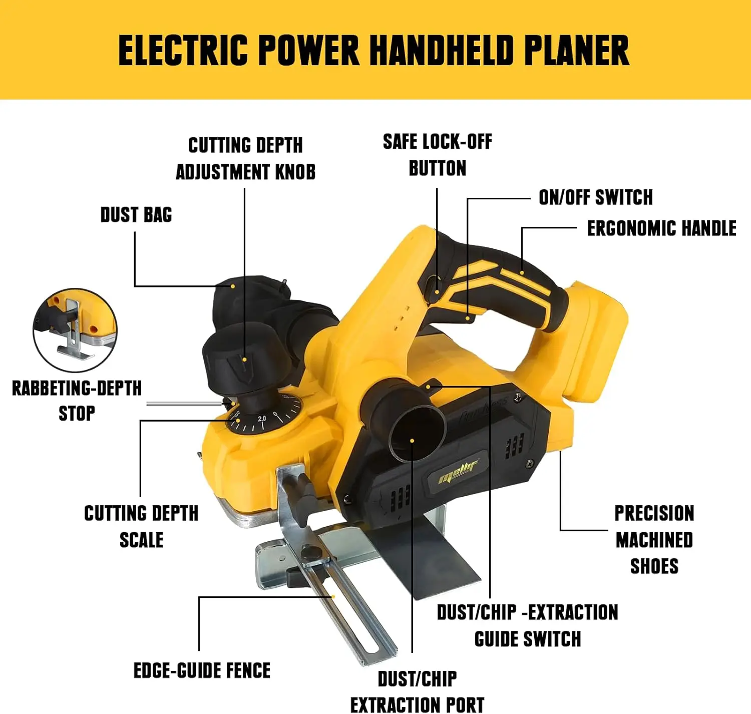 Фото Беспроводной ручной строгальный станок для Dewalt с аккумулятором 18 в 20 в, бесщеточный Электрический строгальный станок для плотника (без батареи) №2