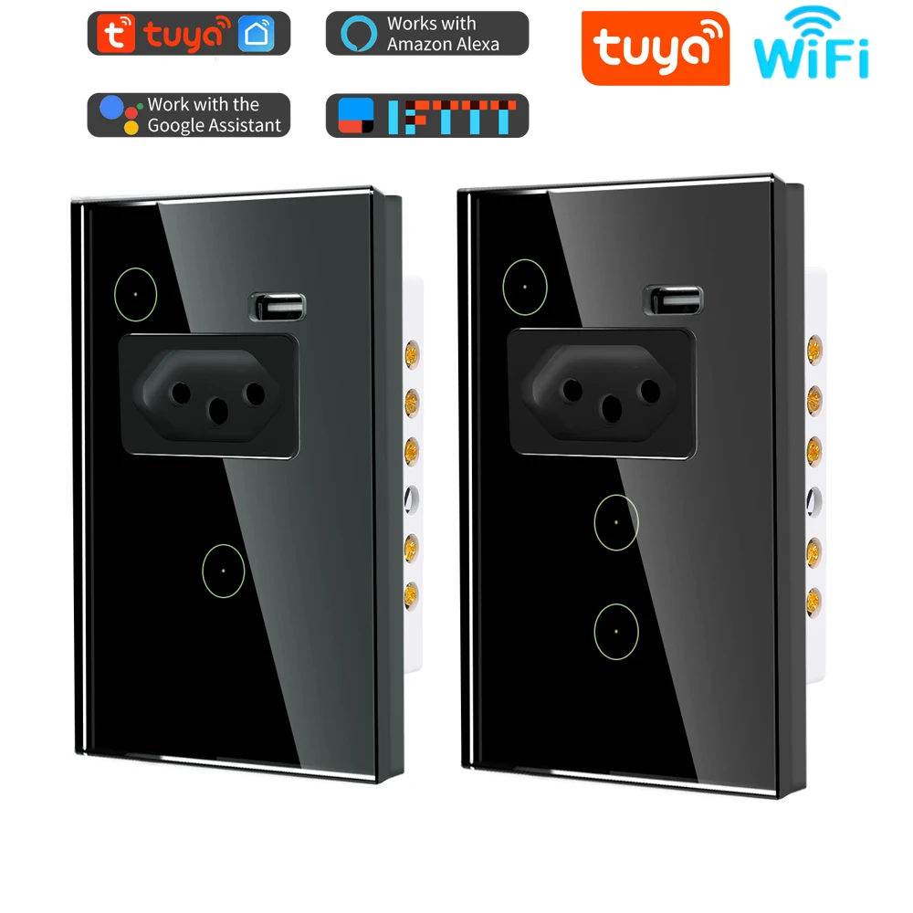 Настенный выключатель Tuya с Wi-Fi, 1/2 клавиши, с бразильским разъемом USB, сенсорная стеклянная панель, Бразильская розетка, приложение Smart Life, дистанционное управление таймером