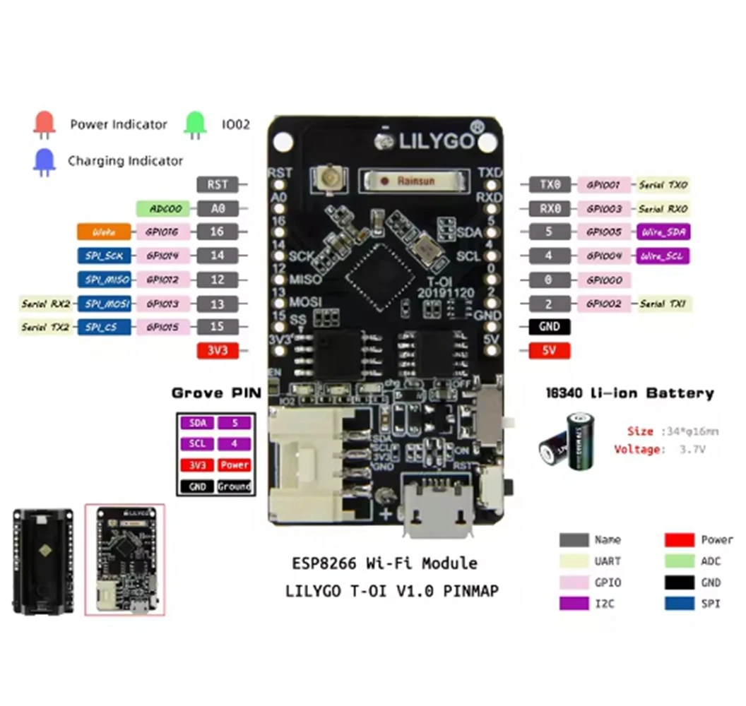 LILYGO ®   TTGO T-OI ESP8266 Беспроводной модуль WIFI Перезаряжаемый держатель батареи 16340 с интерфейсом Grove Совместимая плата MINI D1 (art.: 3920ccd08b444) - 3920ccd08b444