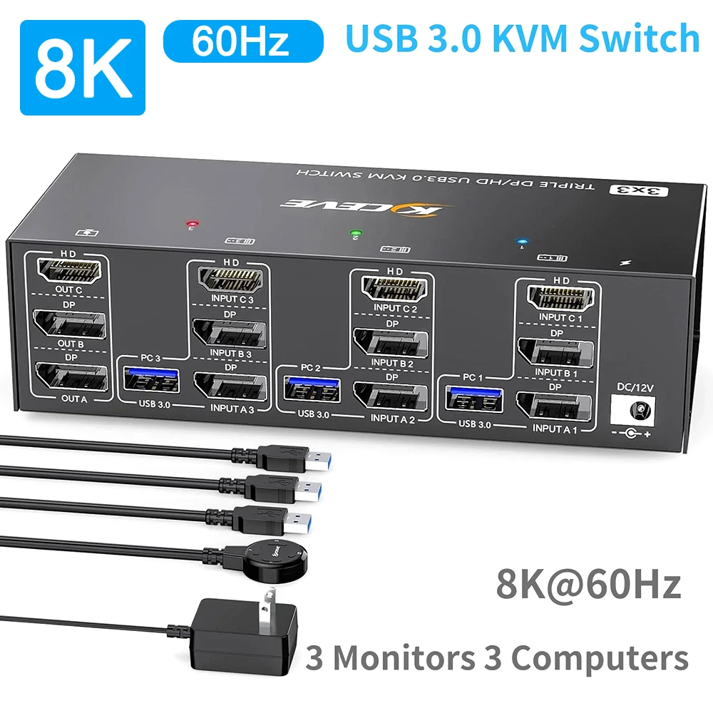 KVM переключатель 3 компьютера 3 Монитора Φ + DisplayPort USB 3,0 KVM переключатель 8K @ 60 Гц/4k @ 144 Гц тройной монитор DP KVM для 3 ПК