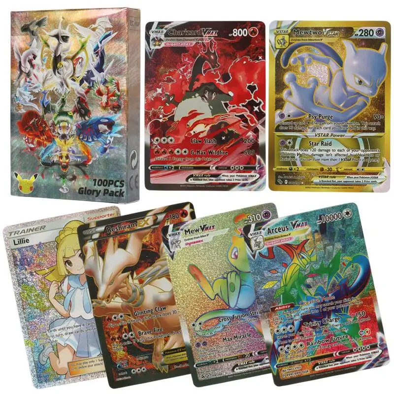 60/100 шт., голографические карты Pokemon EX Vstar Vmax GX, радужная буква Arceus Charizard Mewtwo Evolution, торговая карта