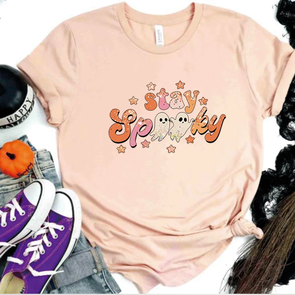 Фото Футболка в стиле Харадзюку с надписью «Stay Spooky», Винтажная футболка на Хэллоуин, крутая футболка на Хэллоуин, эстетическая одежда унисекс со смайликом №5
