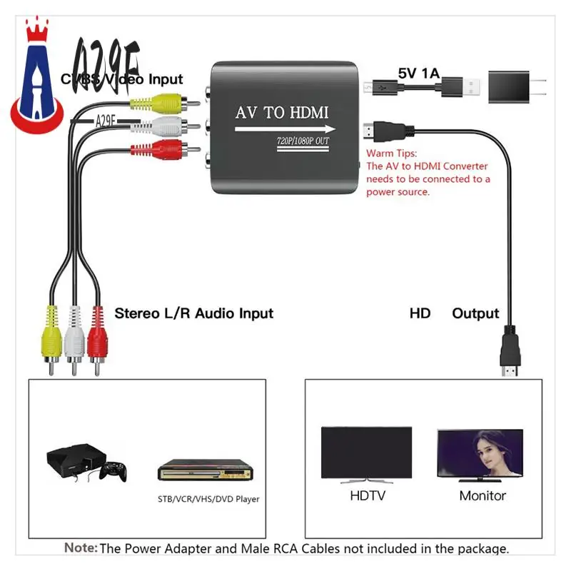 A29F-RCA на совместимый адаптер AV в композитный преобразователь для PS1/2/3 N64 WII VHS VCR Blue-Ray DVD STB адаптер