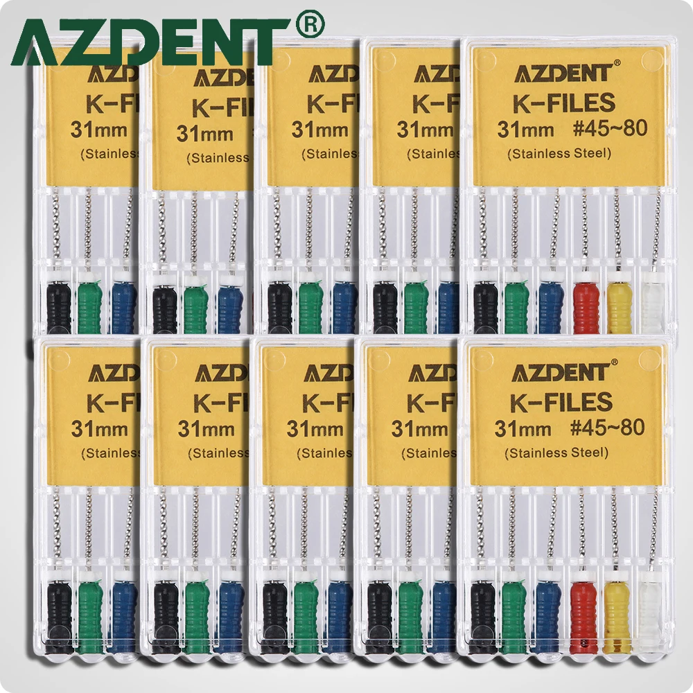 10 упаковок AZDENT Dental Hand Use K-Files из нержавеющей стали, эндодонтические файлы для корневых каналов, 21 мм/25 мм/31 мм, эндофайлы, стоматологический лабораторный инструмент