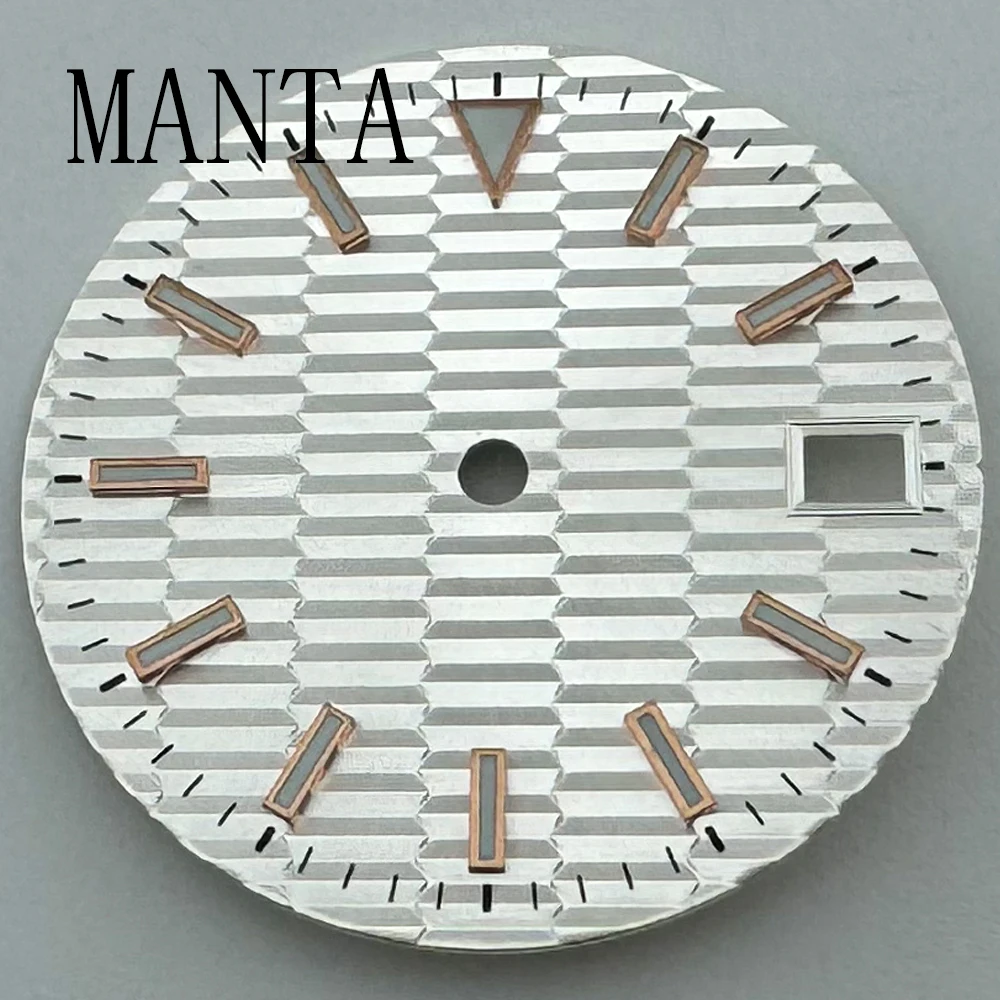 Фото Стерильный циферблат MANTA 28,5 мм, подходит для механизма NH35, заводная головка на 3,8 часа, заводная головка, детали часов, синий, зеленый, черный, желтый, серый, белый №5