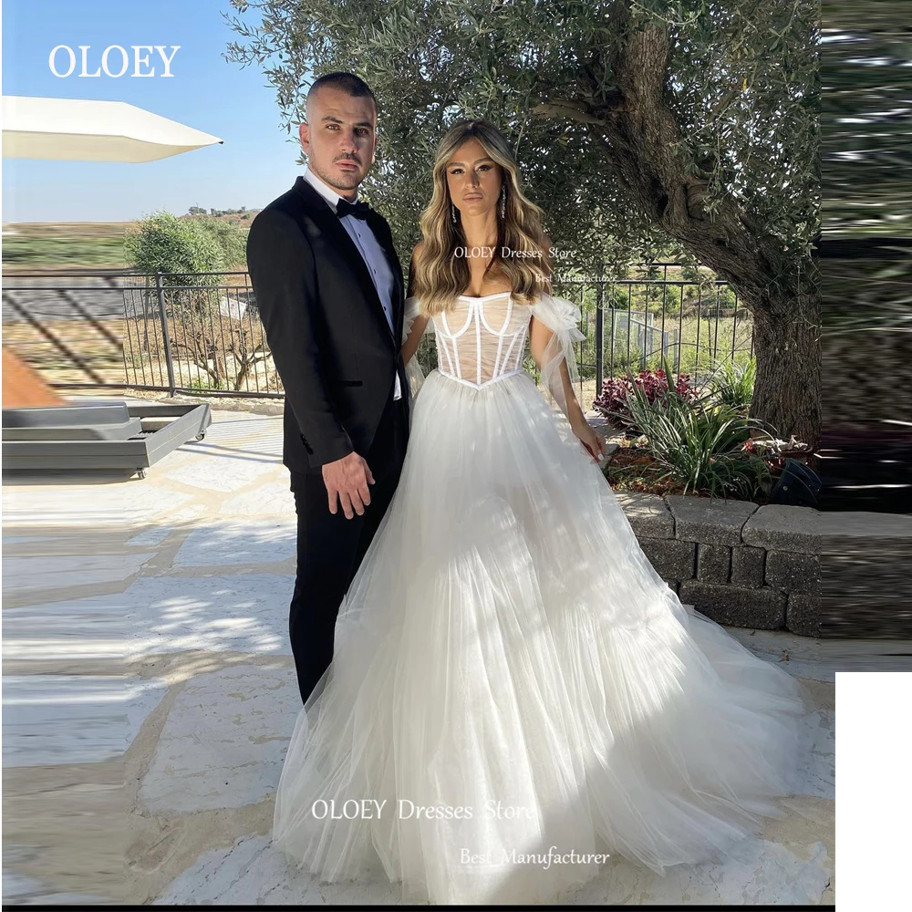 Женское свадебное платье с открытыми плечами OLOEY, белое ТРАПЕЦИЕВИДНОЕ ПЛАТЬЕ из мягкой фатиновой ткани со шлейфом в стиле бохо, лето