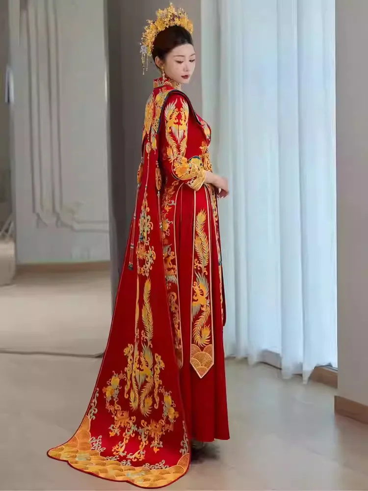 Фото Китайский винтажный банкетный костюм для невесты с вышивкой Феникса Qipao, классическое свадебное платье Cheongsam костюм для восточных №5
