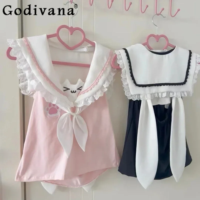 Новая летняя студенческая футболка Kawaii Lo, мягкая футболка для девочек, милый милый кот, вышитый кружевной край, темно-синие топы с воротником, одежда Loli Y2k