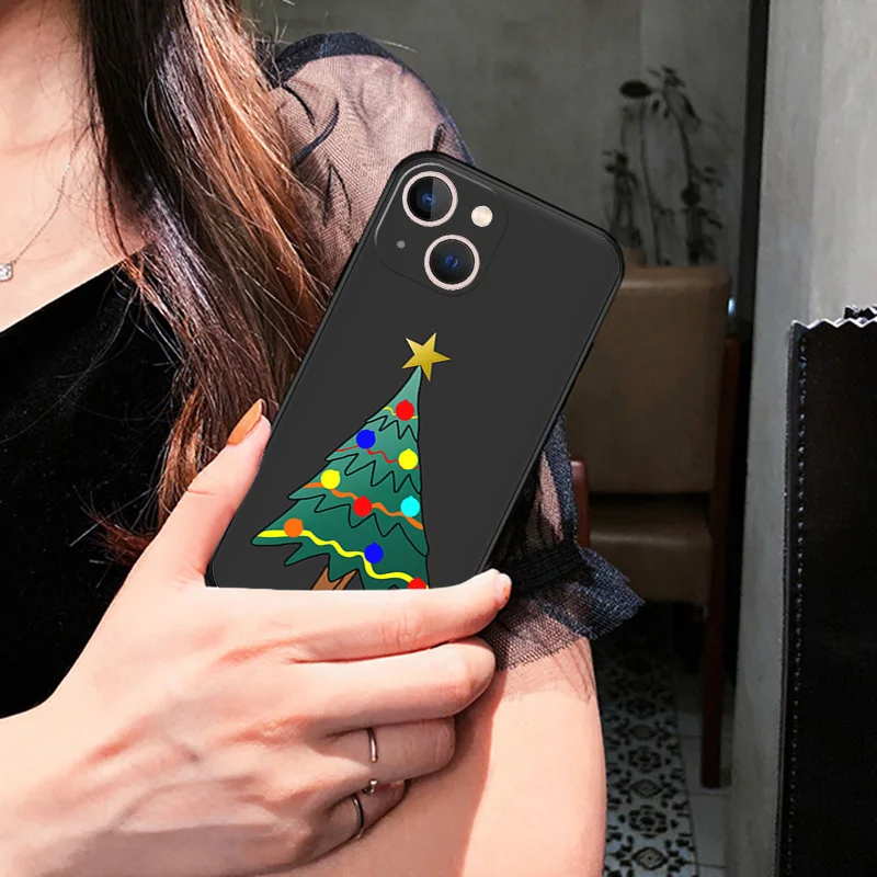 Фото Черный мягкий чехол для телефона Apple iphone 16 15 14 13 12 Mini XS 11 Pro Max XR 7 8 Plus X 16ProMax, чехол с изображением снеговика, рождественской елки №4