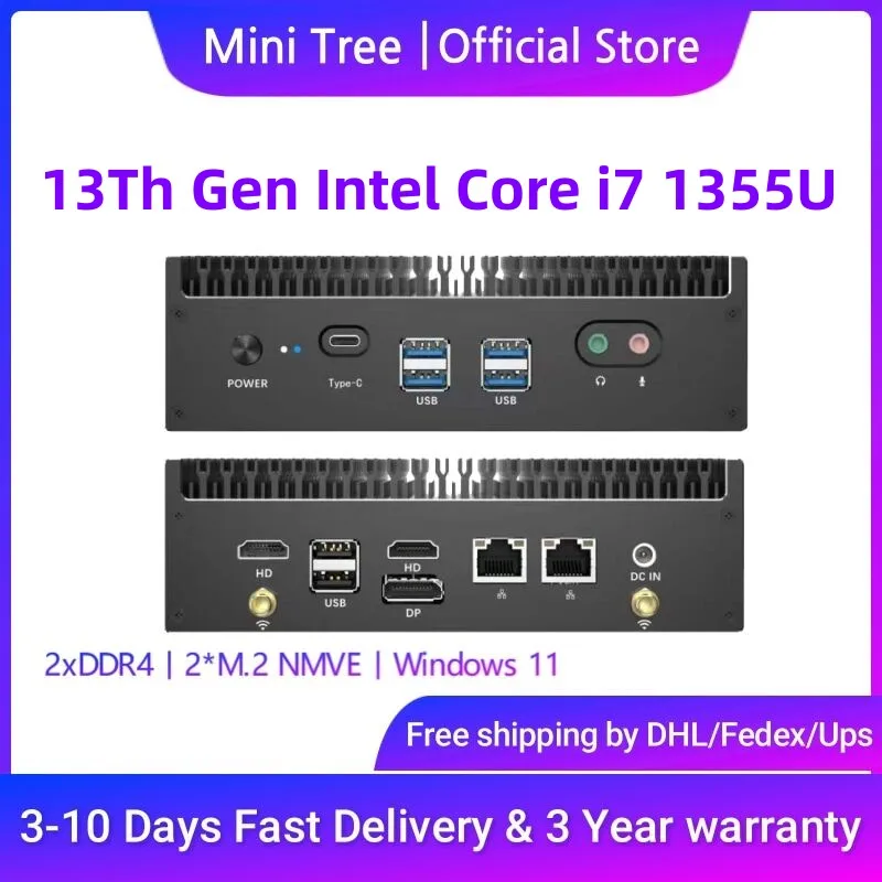Мини-ПК 13-го поколения без вентилятора Alder Lake Core i5 1335U i7 1355U 16 ГБ 32 ГБ ОЗУ DDR4 Wifi6 Win11 Pro игровой настольный компьютер Thunderbolt4