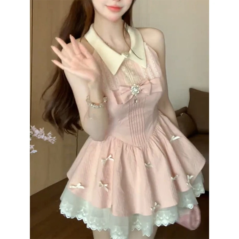Фото Kawaii розовое мини-платье женское модное вечернее платье для выпускного вечера с бантом кружевные лоскутные платья летние корейские облегающие платья без рукавов с лямкой на шее Vestidos новинка №2