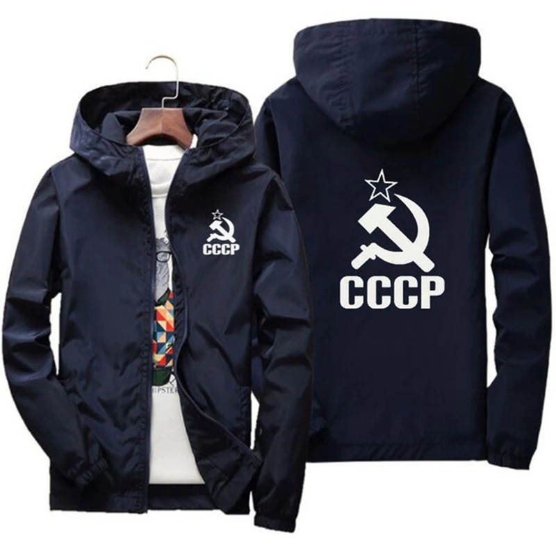 Jaket Aviator Pria Lengan Panjang Tipis, советский Россия, CCCP Jaket Cetak Bertudung 2024 Jaket Ritsleting Jaket