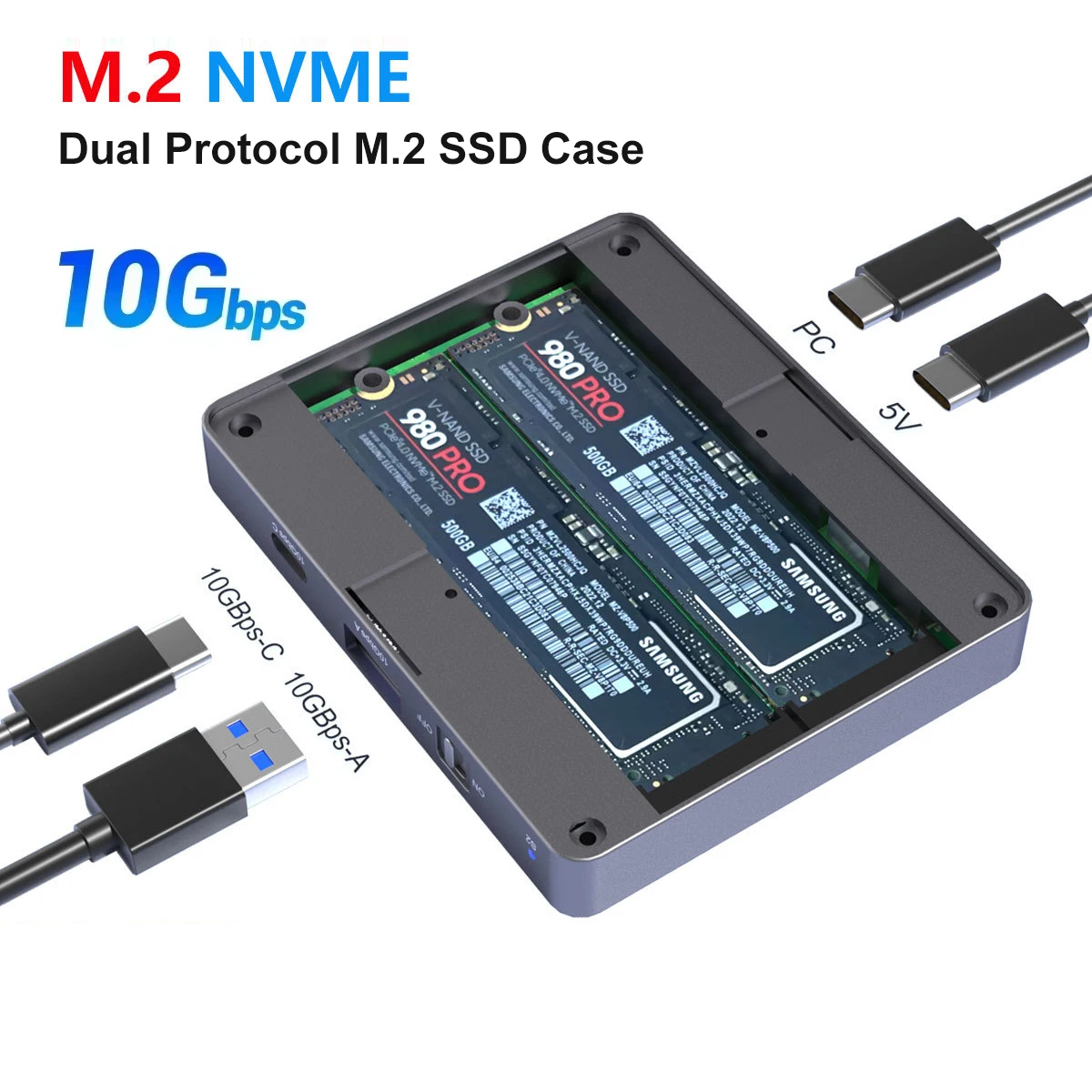 Корпус с двумя отсеками NVMe SATA SSD M.2 Dual NVMe Корпус для жесткого диска 10 Гбит/с USB C 3.2 GEN2 Адаптер для внешнего жесткого диска