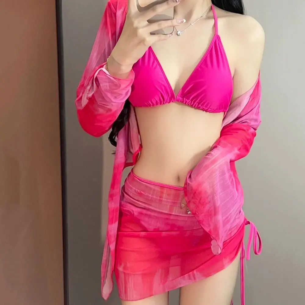 Комплект бикини Tie Dye, сетчатый комплект из 4 предметов с длинными рукавами, купальный костюм, плиссированная юбка, мини-юбка на шнурке, комплект купального костюма для плавания