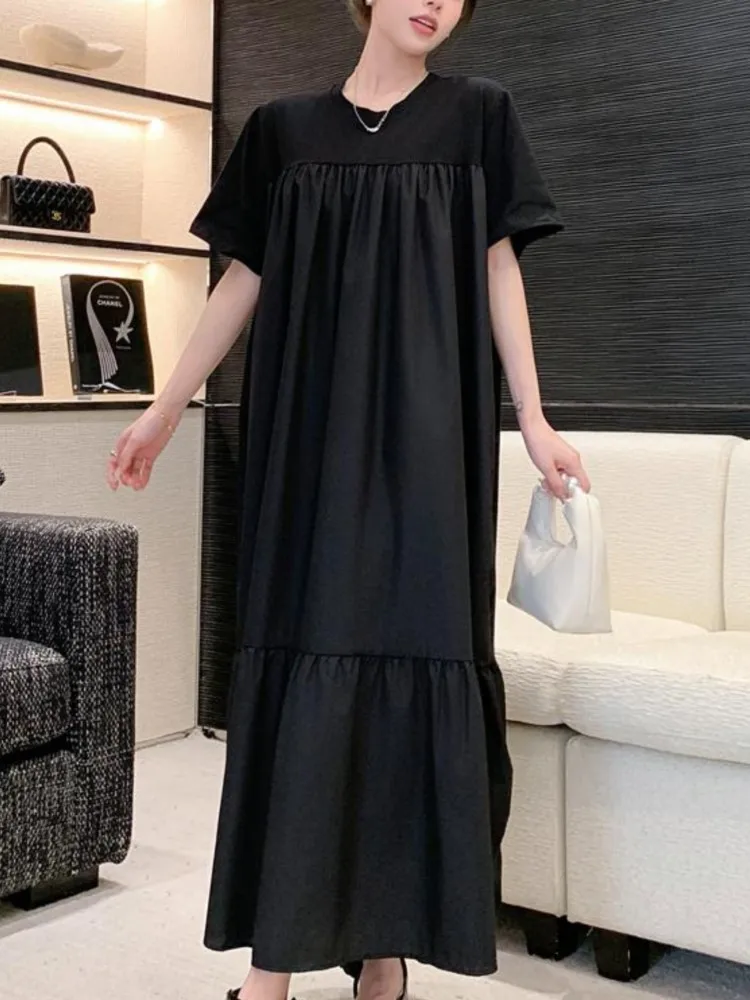 Новое летнее корейское женское платье Vestidos Robe Elbise, свободные однотонные лоскутные длинные платья больших размеров с короткими рукавами и разрезом (art.: 3920cd5eb978d) - 3920cd5eb978d