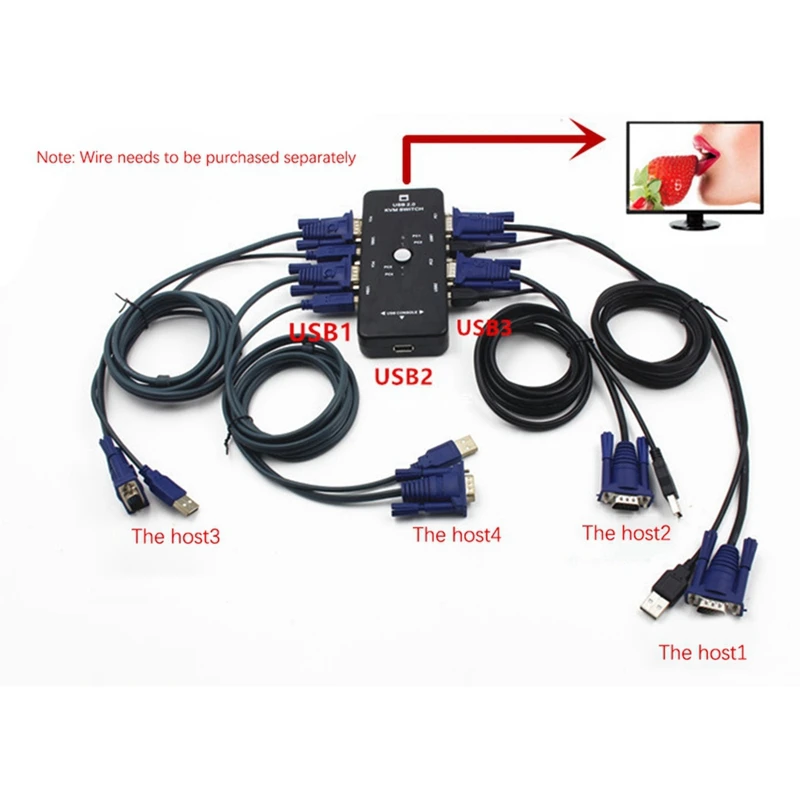 Фото Один для четырех портов USB 2,0 KVM Switch Box + 4 KVM-кабеля монитора клавиатуры VGA SVGA ПК ноутбука №3