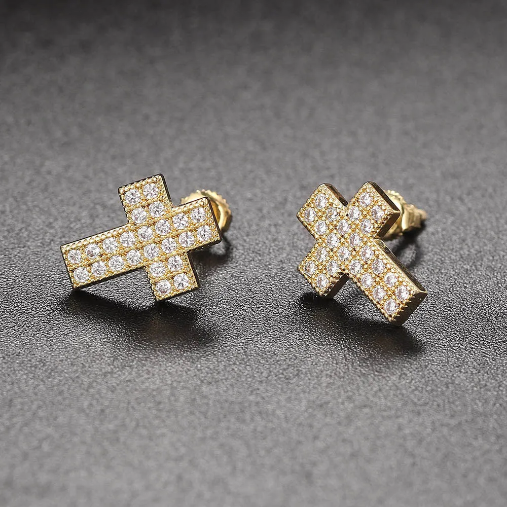 Серьги-гвоздики Iced Out с крестом, женские серьги в стиле хип-хоп, рок с кубическим цирконием, серьги золотого цвета, роскошные модные украшения, аксессуары в стиле панк OHE103