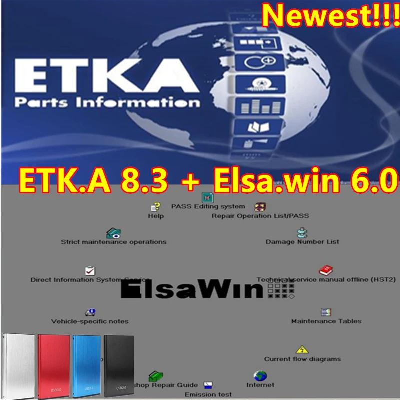 Новейшее программное обеспечение для обслуживания Etka 8,3 + ELSAWIN 6,0, Каталог электронных запчастей для автомобилей, подходит для V/W AU/DI SE/AT SKO/D