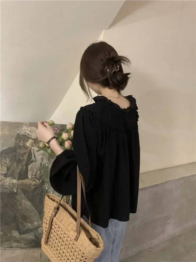 2025 Korean 2025 Ruffled Collar Blouses Women Sweet Autumn Solid Puff Sleeve Tops All-match Loose Single Breasted Shirt (art.: 3920cfa92b96d) - 3920cfa92b96d