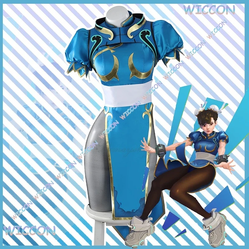 WuHu/Juno Косплей Костюм Chun-Li Linkage Outfis Game OW Сексуальная Синяя Униформа Cheongsam с высоким разрезом Хэллоуин Карнавальная Вечеринка PlayRole