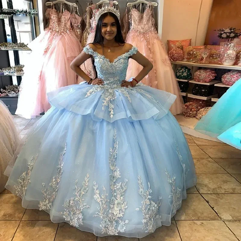 Angelsbridep Небесно-голубое платье Quinceanera с пышными рукавами и короткими рукавами Sweet 15, платье с 3D цветочной аппликацией и блестками, Vestidos de XV anos