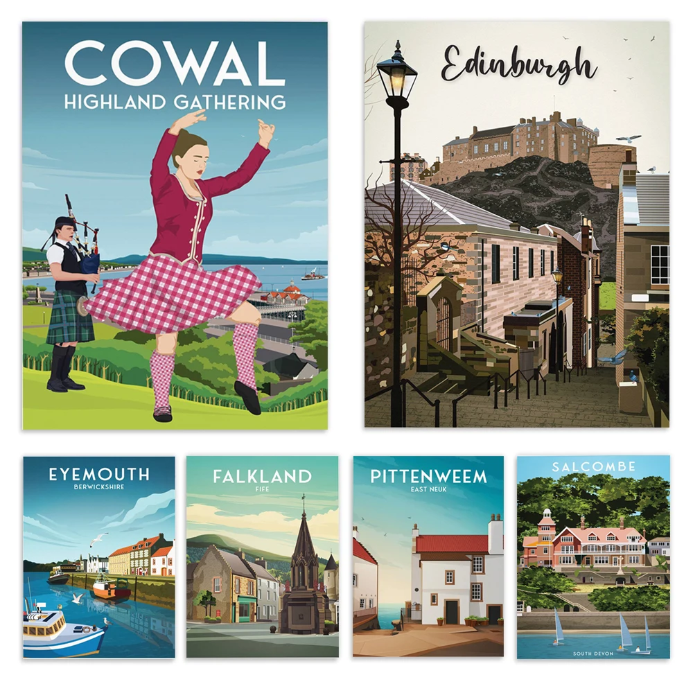 Дорожный постер с железнодорожным мостом Newport Tay, Broughty Ferry, Salcombe, Eyemouth Harbour, Castle Thurso, Isle of Tiree surfing