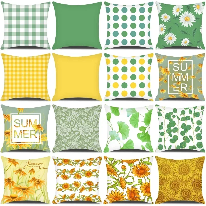 Sarung bantal kotak-kotak kuning hijau, motif bunga aster, rumah musim panas, sarung Sofa mobil