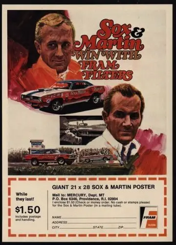 1n,1970 SOX Win With FRAM - CUDA Hemi Drag Race Car ВИНТАЖНЫЙ Знак AD-Tin