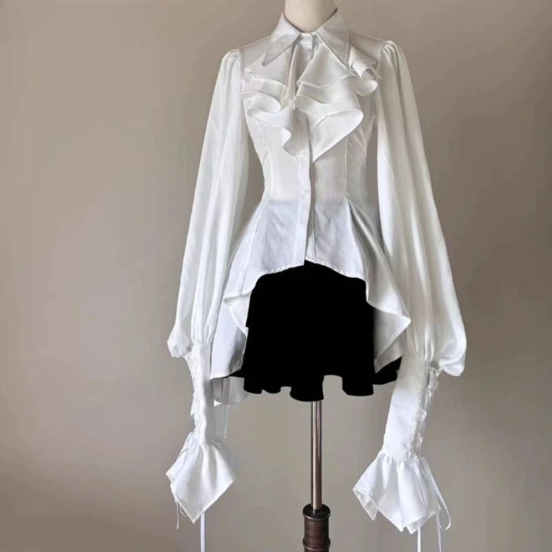 Японские блузки в стиле Лолиты для женщин 2021, Blusas Mujer De Moad, облегающие белые рубашки с расклешенными рукавами, блузки нестандартной формы в готическом стиле, топы
