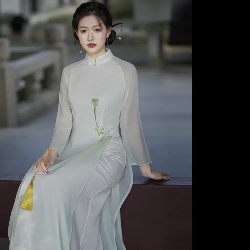 Фото Летнее шифоновое платье с ручной росписью лотоса, постепенное Cheongsam Aodai для молодых девушек, тонкое длинное платье с национальной рифмой, темпераментное китайское платье Cheongs №3